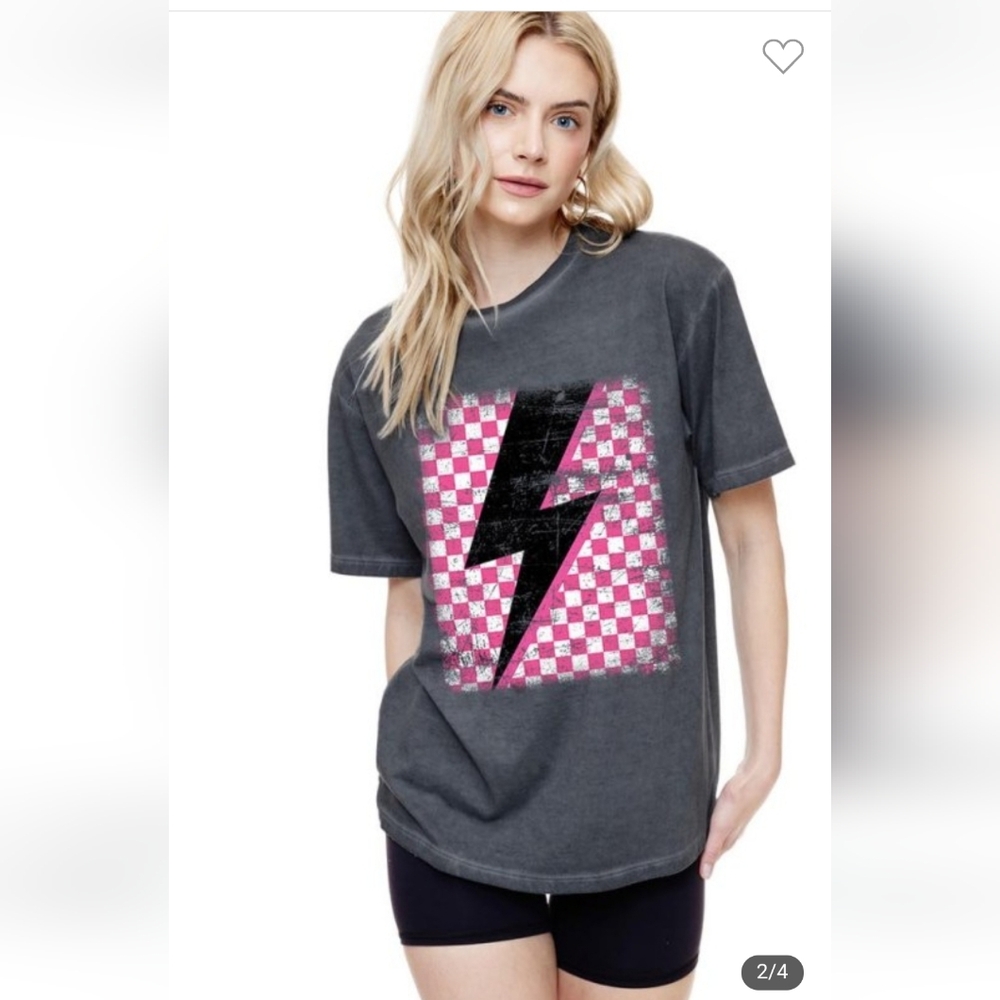 NWOT Graphic Tee Pink Checkered Bolt Tee Black